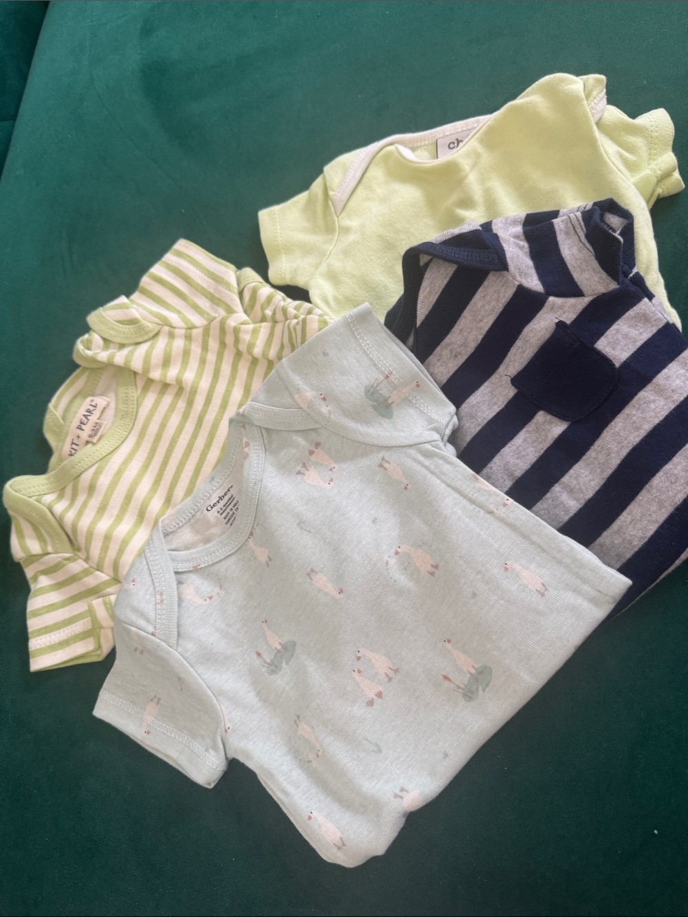 4 Piece Bundle of  Baby Onesies. Light Green, Mint, Navy Stripe